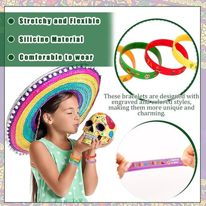 JUNEBRUSHS 42pcs Mexican Fiesta Silicone Bracelets Cactus Guitar Hat Rubber Wristbands Party Favors Accessories for Mexican Fiesta Birthday Party Decorations Gift (7 Designs)