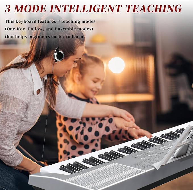 Ktaxon 61 Key Keyboard Piano Electric Keyboard w/Lighted Keys, Electric Piano Set with Headphones, Microphone, Music Rest, Power Adapter, Stand, Piano Bench and Manual (Full-Sliver)