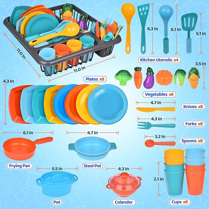 Play Dishes for Kids Kitchen, 54PCS Food Toys Play Food for Kids Kitchen Including Play Dishes Pots, Pans & Pretend Food Pretend Toys for Toddlers