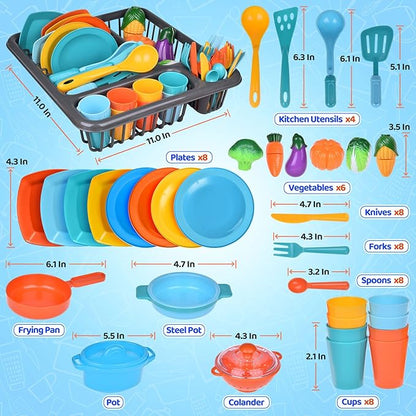 Play Dishes for Kids Kitchen, 54PCS Food Toys Play Food for Kids Kitchen Including Play Dishes Pots, Pans & Pretend Food Pretend Toys for Toddlers