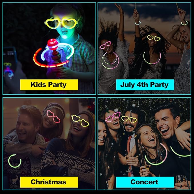 120Pack Glow in the Dark Party Favor,Glow Glasses with 100 8" Glow Sticks Bulk & Connectors,20 Glasses Mode for 20 Glow Heart Glasses 60 Glow Bracelet,8" Glowstick Neon Glow Toys for Kids & Adults