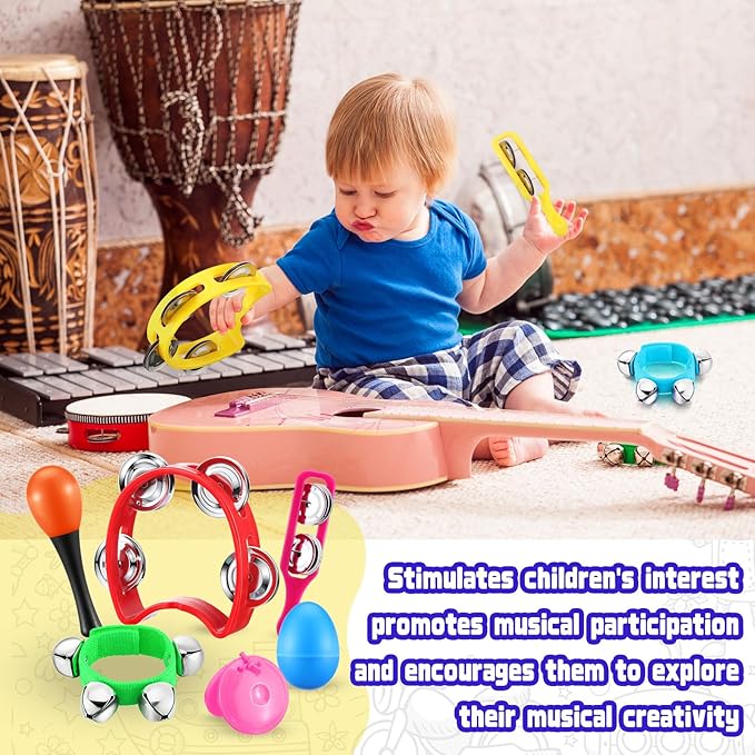 Silipull 72 Pcs Shaker Musical Instruments Set for Kids Early Music Learning Toy Bulk Egg Shaker Wrist Hand Band Bells Maracas Percussion Tambourine Cymbals Plastic Castanets for Preschool
