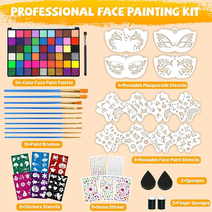 54 Colors Face Painting Kit, Non-Toxic Water Activated Face Paint Palette, Facepaint Makeup Kit with Brushes, Stencils, Gems, for Festivals, Halloween, Carnival, Birthday Parties