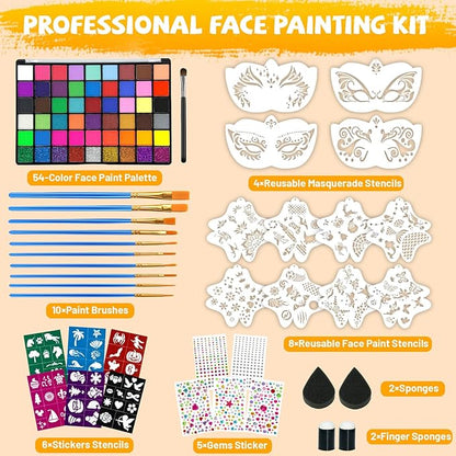 54 Colors Face Painting Kit, Non-Toxic Water Activated Face Paint Palette, Facepaint Makeup Kit with Brushes, Stencils, Gems, for Festivals, Halloween, Carnival, Birthday Parties