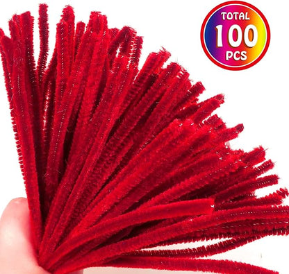 TOAOB 100pcs Pipe Cleaners Crafts Supplies Red Pipe Cleaners Chenille Stems 6mm x 12 Inch Fuzzy Pipe Cleaners for DIY Art Crafts Decorations