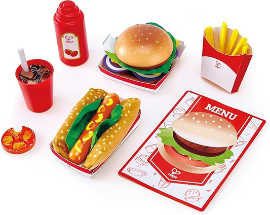 Hape Fast Food Set |Wooden Diner Fast Food Toy Set, Classic American Meal for Pretend Play Includes Burger, French Fries, Hotdogs & Cola