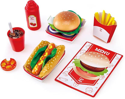 Hape Fast Food Set |Wooden Diner Fast Food Toy Set, Classic American Meal for Pretend Play Includes Burger, French Fries, Hotdogs & Cola