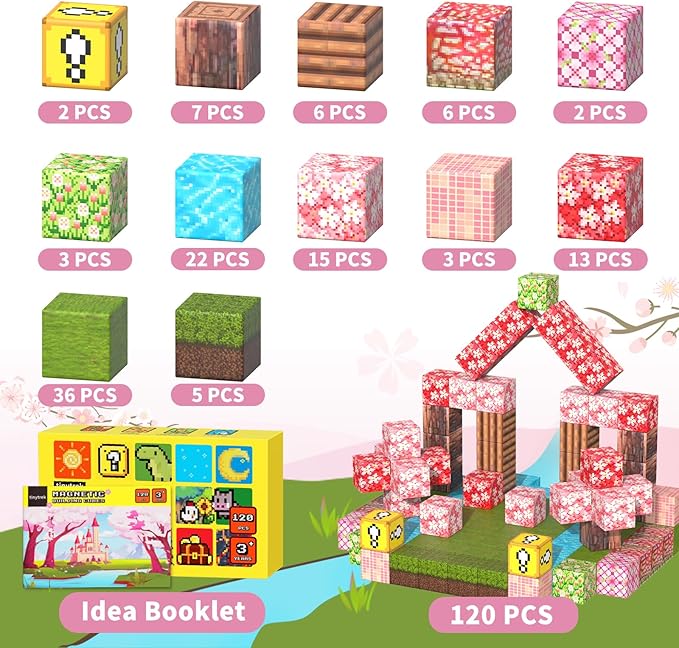 Magnetic Blocks-120PCS Magnets Cubes, Cherry Blossom Magnetic Building Blocks Toddler Magnetic Toys for Age 3-4 5-7 6-8,STEM Sensory Toys Birthday Gifts for 3+ Years Old Boys & Girls