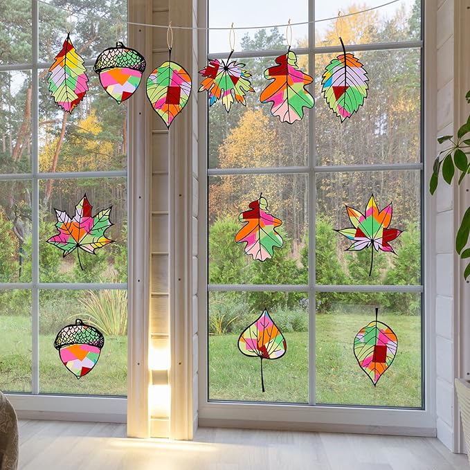 18 Pcs Thanksgiving Fall Paper Craft for Kids DIY Autumn Tissue Paper Leaf Suncatcher Kit with 20 PVC Contact Paper and 30 Colored Cellophane Paper for Kids Classroom DIY Crafts Art Party Supplies