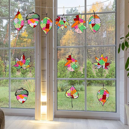 18 Pcs Thanksgiving Fall Paper Craft for Kids DIY Autumn Tissue Paper Leaf Suncatcher Kit with 20 PVC Contact Paper and 30 Colored Cellophane Paper for Kids Classroom DIY Crafts Art Party Supplies