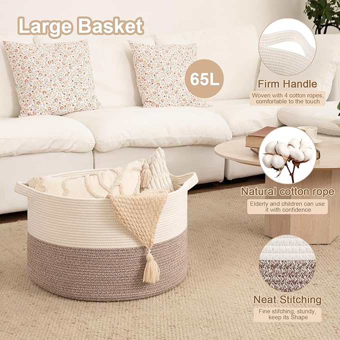OIAHOMY Large Blanket Basket for Living Room, 19.7" x 12.6" Woven Cotton Rope Laundry Basket for Organizing Pillows, Decorative Stuffed Animal Toy Storage Bin for Nursery, White and Linen Brown