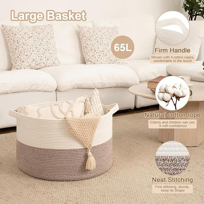 OIAHOMY Large Blanket Basket for Living Room, 19.7" x 12.6" Woven Cotton Rope Laundry Basket for Organizing Pillows, Decorative Stuffed Animal Toy Storage Bin for Nursery, White and Linen Brown