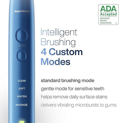 Aquasonic Vibe Series Ultra-Whitening Toothbrush – ADA Accepted Electric Toothbrush - 8 Brush Heads & Travel Case – 40,000 VPM Motor & Wireless Charging - 4 Modes w Smart Timer – Sapphire Blue