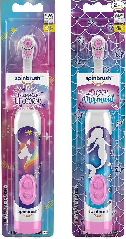 Spinbrush Mermaid & Unicorn Kids Toothbrush Value Pack, Battery-Powered Electric Toothbrush, Soft Bristles, Batteries Included, 2-Pack