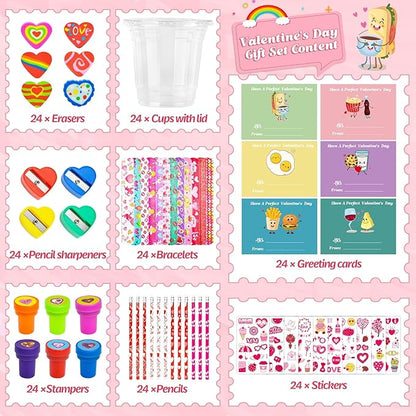 Valentines Day Gifts for Kids, 24 Packs Bulk Stationery Gift for School 192 Pcs Include Cards Pencil Cup Slap Bracelet Eraser Cup Stampers Valentine's Day Classroom Exchange Gifts Party Favors Toys