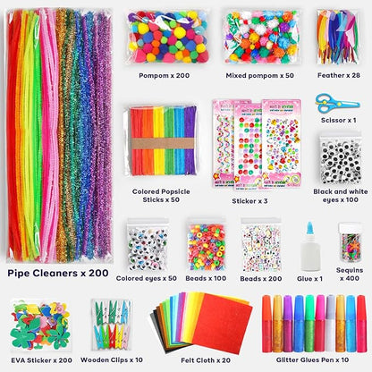 FUNZBO Arts and Crafts Supplies for Kids - Kids Crafts with Pipe Cleaners, Popsicle Sticks, Pompoms & Stickers, All in One Homeschool Supplies, Toys Crafts for Girls & Boys Age 4+ (Jumbo)