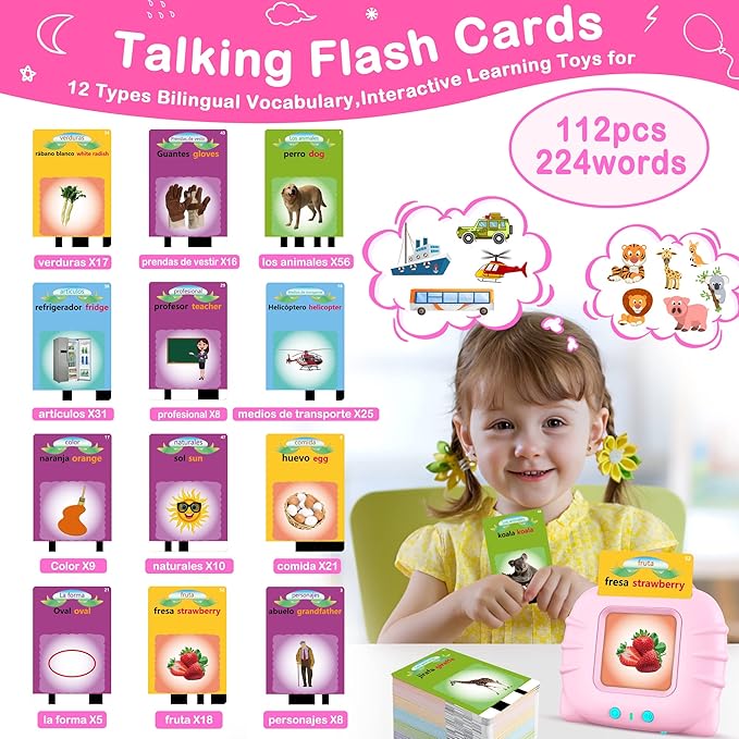 Spanish Flash Cards for Kids Toddlers 1-3, Bilingual Buddy Talking Flash Cards, Spanish Learning for Kids, Pocket Speech Therapy Toys, Montessori Language Learning Toys, 224 Sight Words