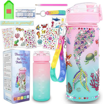 Gifts for Girls 4-12, Decorate Your Own Water Bottle Kits for Girls, Mermaid Diamond Crafts Painting Toys, Kids Water Bottle for School, Valentine's Day and Birthday Gifts Toys for Girls (Mermaid 2)