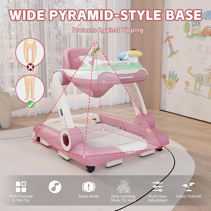 Baby Walker with Wheels, 5 in 1 Walker for Baby Boy Girl 6-12 Months with Bouncer, Music and Lights Baby Jumper Activity Center, Adjustable Height Speed, Push Walker for Ages 6-18 Months Toddler