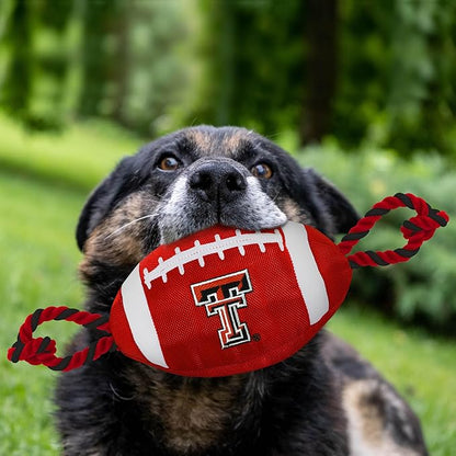 Pets First Texas TECH Football Dog Toy, Tough Quality Nylon Materials, Strong Pull Ropes, Inner Squeaker, Collegiate Team Color