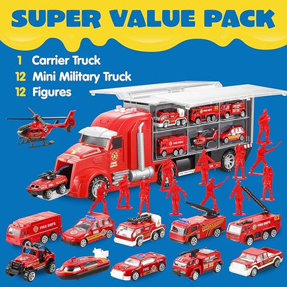 JOYIN 25 in 1 Fire Truck Vehicle Toy Set with Sounds and Lights, Fire Engine Vehicles in Carrier Truck, Mini Rescue Emergency Car Toy, Birthday Gifts for Over 3 Years Old Boys, Easter Basket