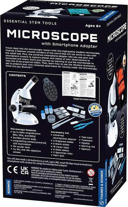 The Thames & Kosmos Microscope Essential STEM Tool with Smartphone Adapter to Capture & View Microscopic Images, Entry-Level Student Science Device, 60x to 600x Magnification & 45 Accessories