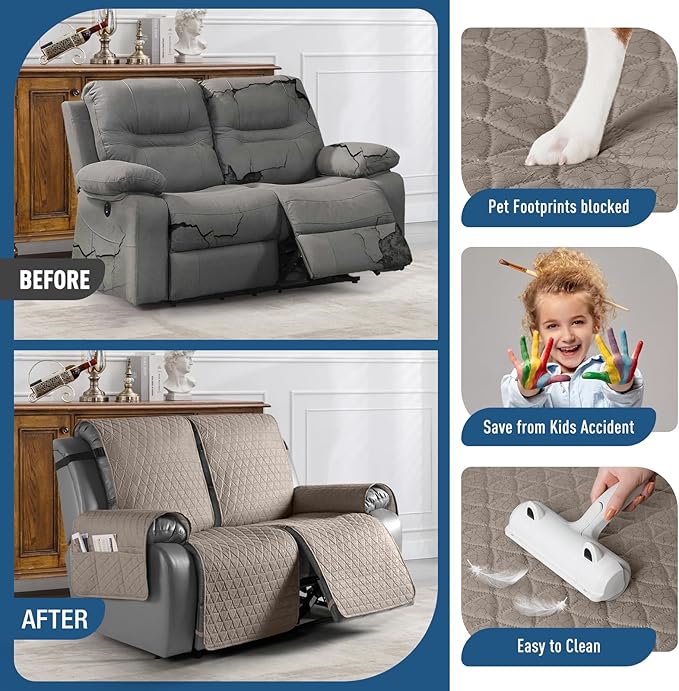TAOCOCO 100% Waterproof Loveseat Recliner Cover-Recliner Cover with Non-Slip Granule, Recliner Chair Covers with Elastic Band,Washable Recliner Chair/Furniture Protector for Pets(Taupe, 2 Seater)