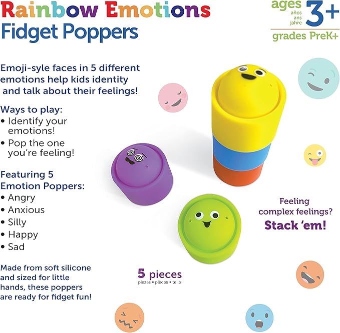 Learning Resources Rainbow Emotion Fidget Poppers, Sensory Toys, Social-Emotional Learning ,Sensory Toys for Toddlers, Kids Easter Basket Stuffers, Ages 3+,5 Pieces