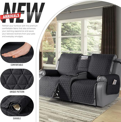 TAOCOCO 100% Waterproof Recliner Cover -Loveseat Recliner Cover with Center Console,Non-Slip Reclining Couch Covers for 2 Seat,with Elastic Straps Pocket for Kids, Dogs, Pets (Black, 2 Seater XL)