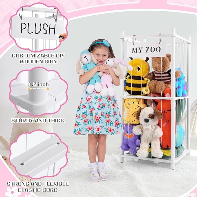 GLDZI Stuffed Animal Storage Zoo, Wooden Stuffed Animal Organizer with Elastic Cords for Boys Girls, Space Saving Toy Plushies Storage Holder for Playroom, Bedroom, Living Room (White, Small)