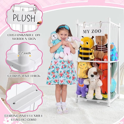 GLDZI Stuffed Animal Storage Zoo, Wooden Stuffed Animal Organizer with Elastic Cords for Boys Girls, Space Saving Toy Plushies Storage Holder for Playroom, Bedroom, Living Room (White, Small)