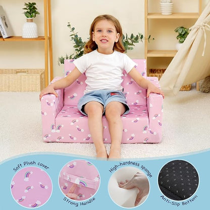 MallBest Kids Sofas Toddler Couch Bed Baby's Upholstered Chair Sleepover Couch Flipout Open Recliner(Pink/Rainbow)…