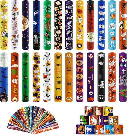 Halloween Slap Bracelet For Kids,48Pcs Halloween Party Favors, Halloween Decorations Gifts Bracelet Decorations Outdoor, Halloween Prizes Snap Bracelets Bulk Decor,Halloween Favors for Kids,Boys,Girls