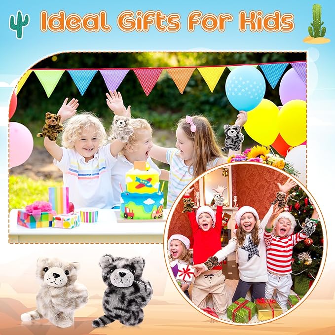 HyDren 4 Pcs Stuffed Animal Slap Bracelets for Kids,8 Inch Plush Snow Leopard Hamster Hugger Slap Bracelets Bulk Toy Hug Snap Wristbands for Girls Boys Birthday Gifts Party Favors(Snow Leopard)