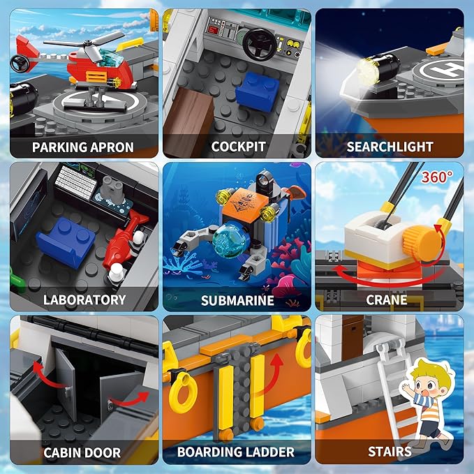 City Ocean Explorer Ship Building Set, Fun Toy Exploration Boat Building Block Kit with LED Lights,Helicopter, Submarine,and Shark Cage, Birthday Gifts for 6 8 10 12 Years Old Boys Girls Kids