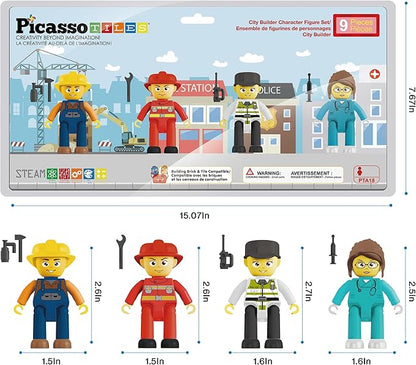 Picasso Toys Magnetic Action Figures 4 Piece City Builder Character for Magnet Building Block Tiles Expansion Pack Construction Toddler Toy Educational STEM Learning Pretend Playset Age 3 and up PTA18