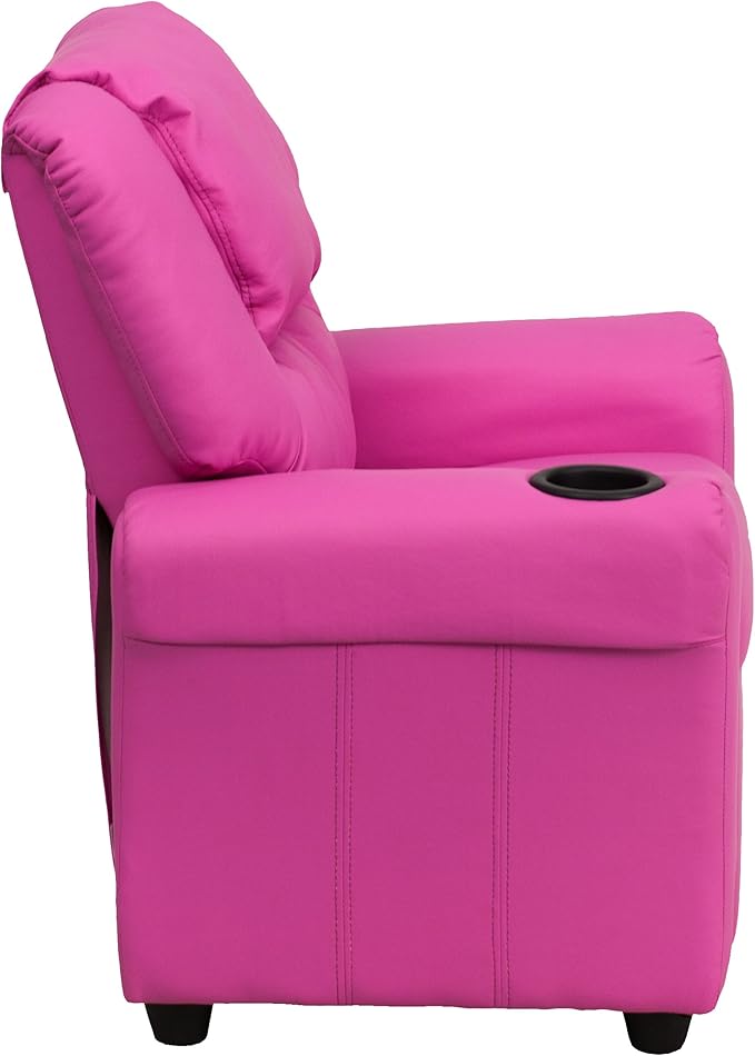 Flash Furniture Vana Vinyl Kids Recliner with Cup Holder, Headrest, and Safety Recline, Contemporary Reclining Chair for Kids, Supports up to 90 lbs., Hot Pink