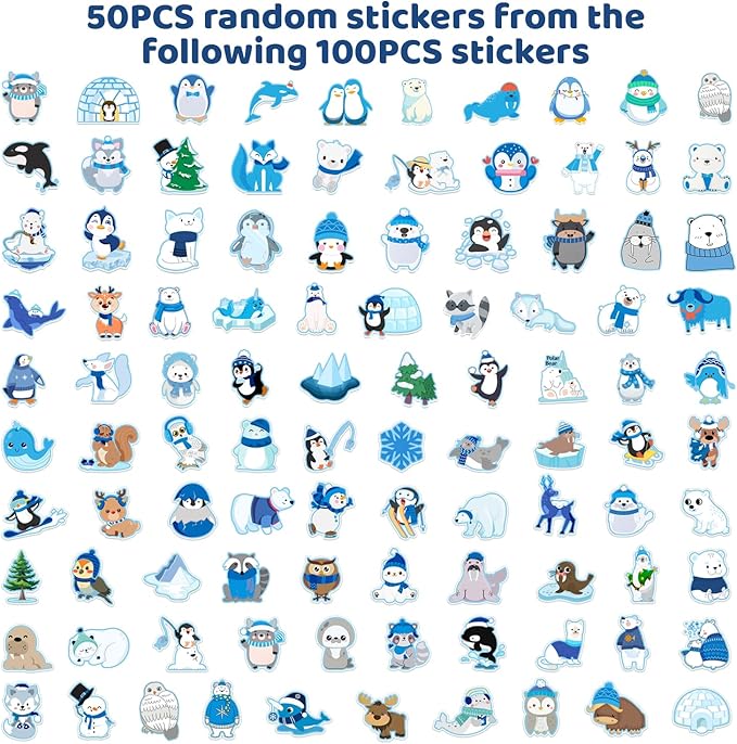 98 PCS Winter Arctic Animals Party Favors, Winter Arctic Polar Animals Stickers Temporary Tattoos Slap Bracelets Keychains Badges Arctic Animals Birthday Party Decorations Supplies for Kids