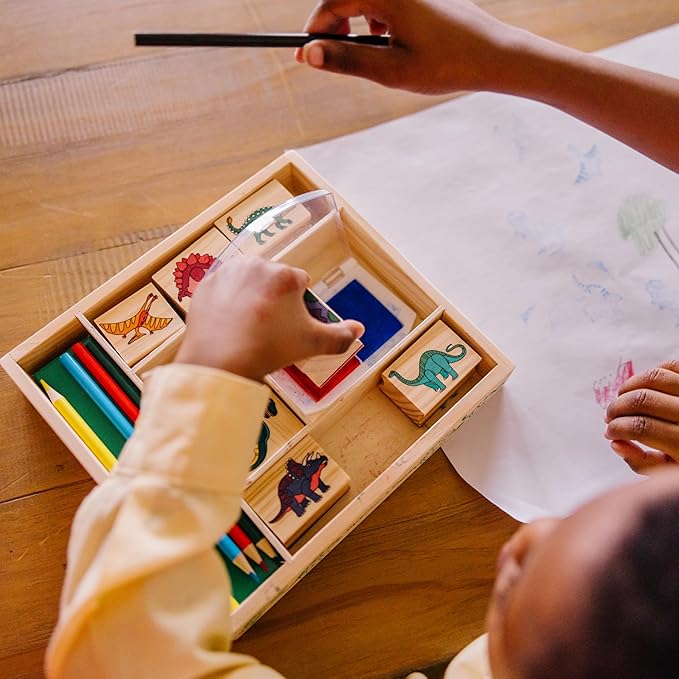 Melissa & Doug Wooden Stamp Set: Dinosaurs - 8 Stamps, 5 Colored Pencils, 2-Color Stamp Pad Kids Arts And Crafts, Washable Ink Pads For Kids, Dinosaur Stamps For Ages 4+ - FSC-Certified