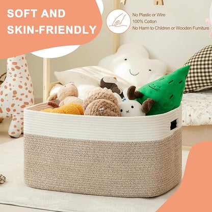 75L Large Cotton Rope Basket, Soft Toy Storage Bin for Nursery & Living Room, Decorative Blanket Basket for Bedroom, Baby-Safe Organizer for Pillows &Laundry, 22''×17''×12'', Brown and White