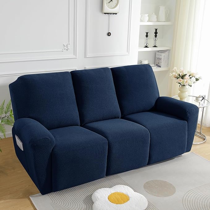 JIVINER 8-Piece Recliner Sofa Covers Stretch Jacquard Couch Covers for Recliner Slipcovers for Living Room 3 Cushion Soft Recliner Protector with Pocket (Sofa Recliner, Navy Blue)