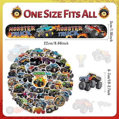Monster Truck Party Favors, 24 Pcs Monster Truck Slap Bracelets 50 Pcs Monster Truck Stickers Monster Truck Birthday Party Decorations Supplies Gifts for Kids Boys Classroom Rewards