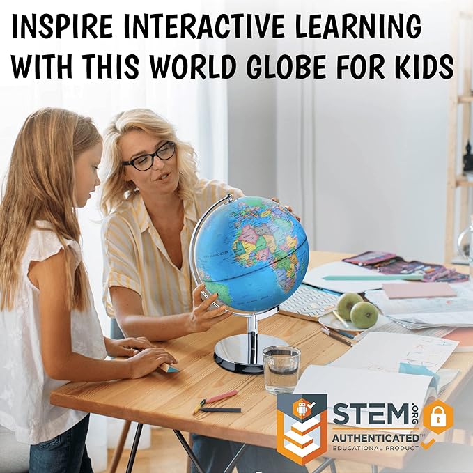 USA Toyz Illuminated World Globe with Stand - 3in1 STEM Globes for Adults and Kids, Constellation Map, Built-In LED Night Light Lamp, Easy to Read Texts, Non-Tip Base, 13.5 Inch Tall, 9 Inch Diameter