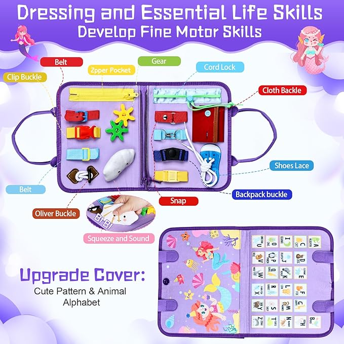 Esjay Toddler Busy Board Montessori Toys for Girls, Sensory Book Educational Activities Learning Fine Motor Skills, Birthday Gifts for Girls Toddlers, Travel Toys for Airplane Car, Purple Merpeople