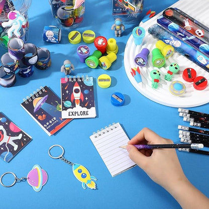 Colarr 161 Pcs Space Party Favor Space School Stationery Set Includes Gift Cup Notebook Pencil Sharpener Eraser Keychain Stamp Slap Bracelet Sticker Card for Space Birthday Supplies