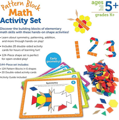Learning Resources Pattern Block Math Activity Set, Math Games for Kids, Educational Games, Preschool Math, Montessori, 144 Pieces, Age 5+
