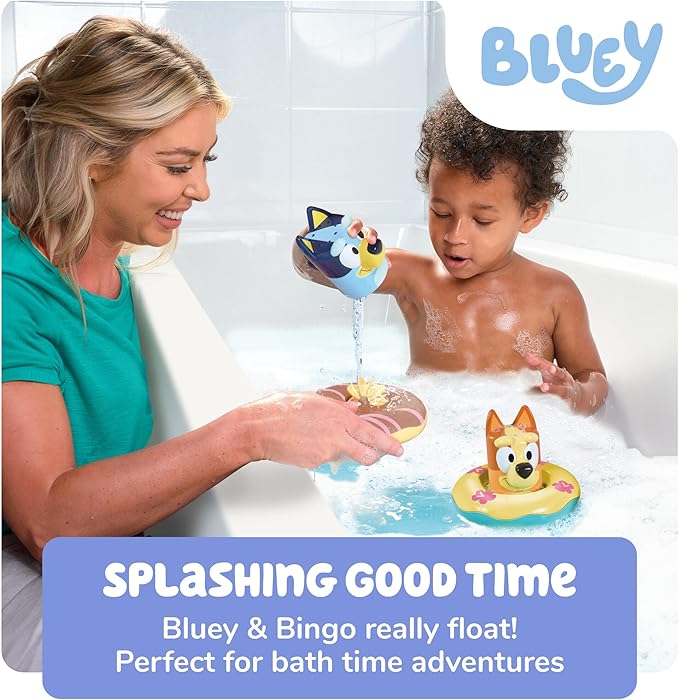 TOMY Toomies Splash & Float Bingo and Bluey Water Toys - 2-in-1 Toddler Water Toys with Pour Cup and Water Wheel Toy - Toddler Bath Toys and Bluey Toys - Ages 18 Months and Up