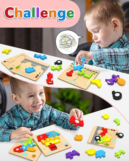Yetonamr Wooden Toddler Puzzles Gifts Toys for 1 2 3 Years Old Boys Girls, 6 Vehicle Shape Montessori Toys Educational Blocks Easter Basket Stuffers Kids Gift Baby Learning Toy Age 1-3, 2-4