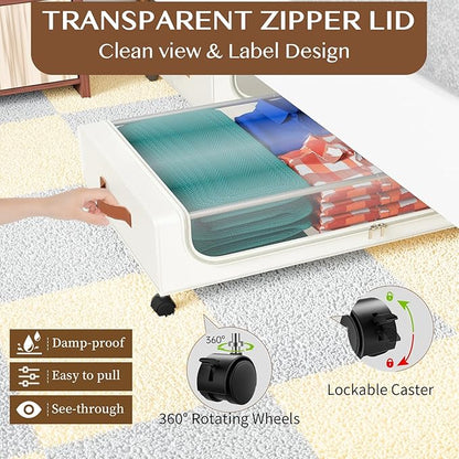 Under Bed Storage with Wheels, UnderBed Storage Containers with Clear Lid and Handles, XXL 60L Under the Bed Storage Bins Drawers for Clothes,Blankets,Shoes,Books (WHITE, 2 PACK)