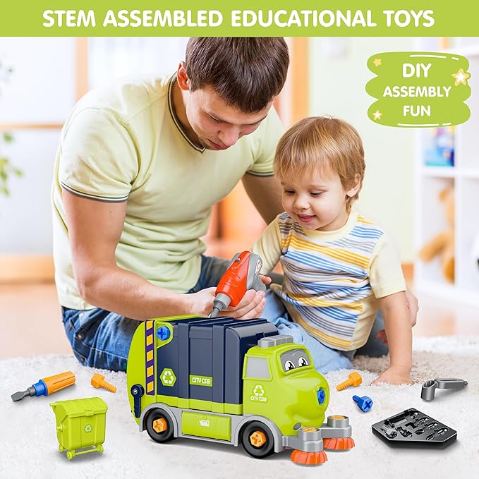Trucks Take Apart Toys with Electric Drill, DIY Electric City Clean Truck Toy Set, STEM Assembled Educational Toys, Garbage Truck Toys, Birthday Gifts for 3 4 5 6 7 8 Years Old Boys Girls